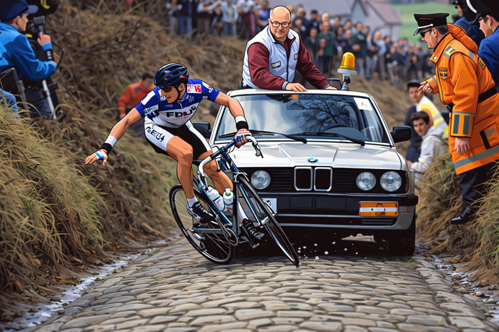 En 1987, on a frôlé la catastrophe : la voiture de l'organisation a écrasé le vélo de Jesper Skibby, alors seul en tête du Tour des Flandres mais que le peloton s'apprêtait à reprendre dans le Koppenberg.